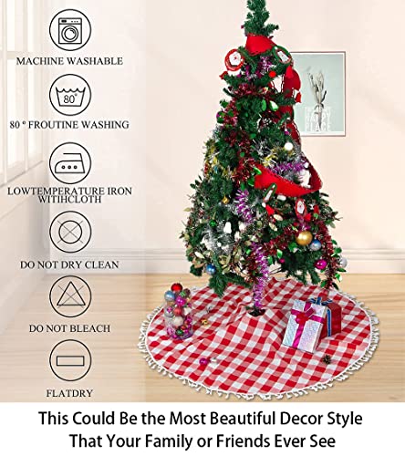 Buffalo Plaid Christmas Tree Skirt Red 36 Inch Medium Christmas Tree Skirt Hook&Loop Design Tassel Tree Skirt Checkered Christmas Tree Skirt Cotton Plaid Holiday Christmas Decoration #TOP4