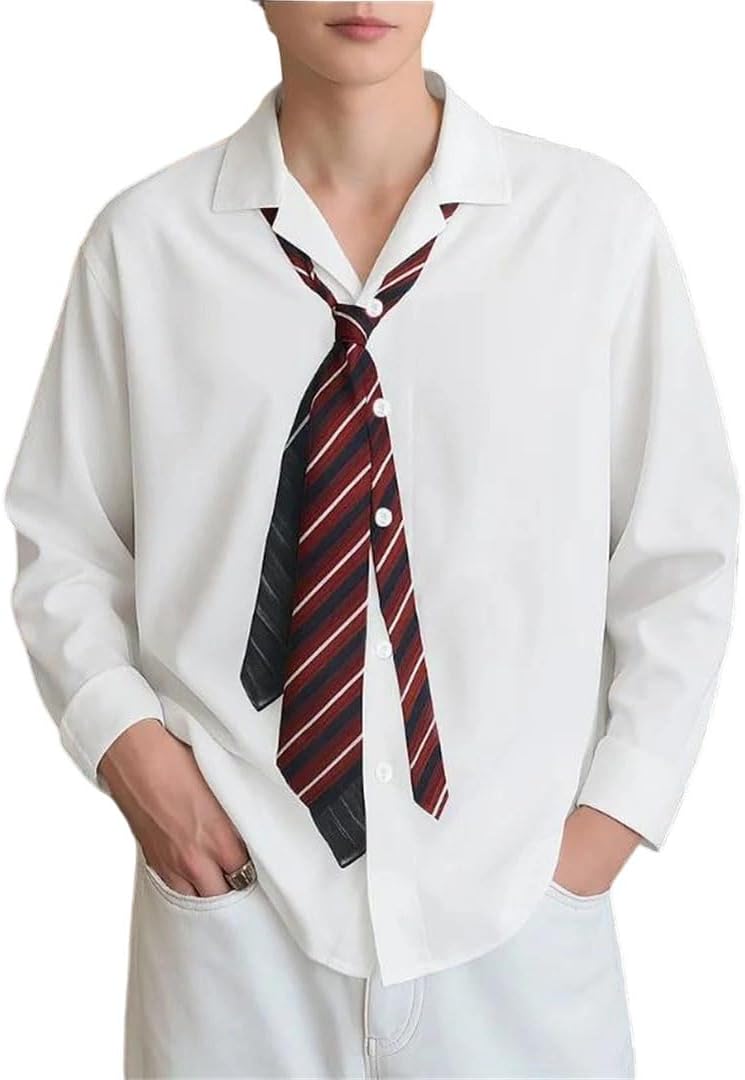 Men Spring Printing Patchwork Lapel Long Sleeve Button-Down Shirt with Tie Detail Loose Top