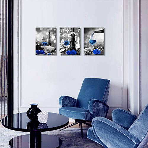 Wine Decor Kitchen Canvas Art Blue Wine Rose Artwork For Home Walls Black And White With Blue Wine Painting Printed Rose Art Dining Room Decor Blue Kitchen Pictures Wall Decor Stretched 12X16Inchx3 #TOP4