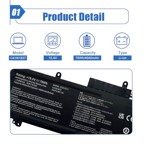 Image of 76Wh C41N1837 Laptop Battery for ASUS ROG Zephyrus GA502 GA502D GA502DU GA502GU GA502IV GU502 GU502GV GU502LU GU502LW GU502LV GX502LXS GX502GW GU532 GU532GU GU532GV GX532GV Series 0B200-03380100