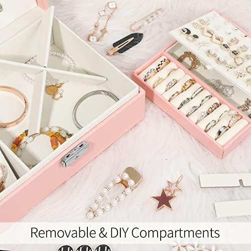 Mactoou Jewelry Box, 2 Layer Jewellery Box Organizer for Women Girls, PU Leather Jewellery Storage Case Holder with Removable Tray for Necklace Earrings Rings Bracelets Watches Brooches, Pink