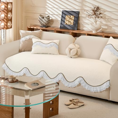 Image of HOKIPO 'French Classic Frill' Sofa Cover Mat for 1 /2 /3 Seater & L Shape Sofa. Make Your Own Sofa Cover Set, Anti-Slip Mat Length 90(D) x 170(L) cm, Snow White Ivory (AR-6142-IVY)