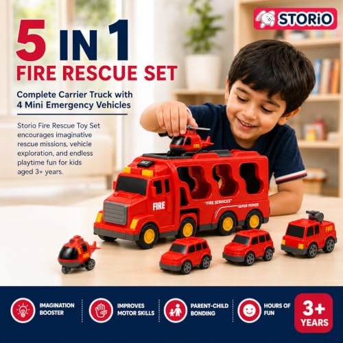 Image of Storio 5 in 1 Fire Truck Toy for Kids 3-5 Years Boys | Transport Carrier Fire Engine Vehicle Set with Ladder Truck Helicopter | Friction Powered Light Sound Montessori Toys for 3 4 5 6 7 Year Old
