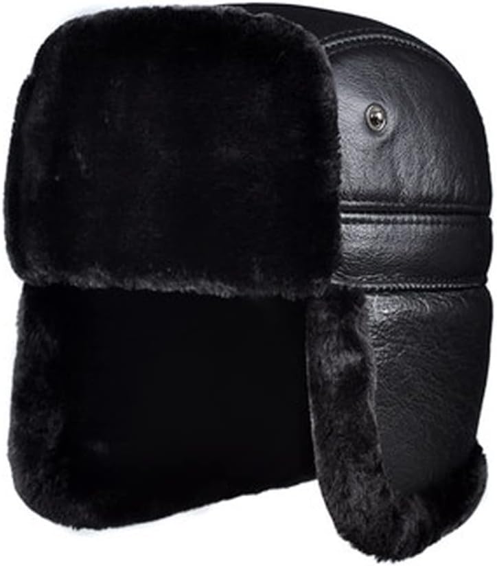 Male Winter Genuine Leather Faux Bomber Hat for Men Ear Warm Moto Caps for Dad Dome