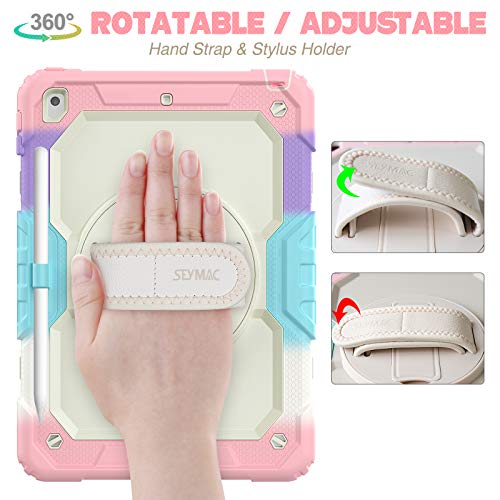 Image of SEYMAC Stock Case for iPad 9th /8th /7th Gen 10.2'', Shockproof with Screen Protector, Pencil Holder & 360 Rotating Hand Strap & Stand, iPad 10.2 inch 2021-2019 (Yellowish+Pink)