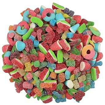 Assorted Sour Gummy Candy Bulk 2 lb Variety Mix Kids Shapes, Cubes, Watermelon Slices, Bears, Twin Cherries, Mango Slice & Neon Rings