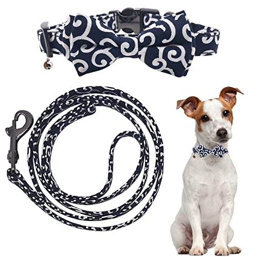JpGdn ペットベーシック首輪 犬 猫首輪 お洒落 唐草模様 リボンくびわ ドッグ 和柄 柔らかい 首輪+リード+鈴のセット ネイビー M