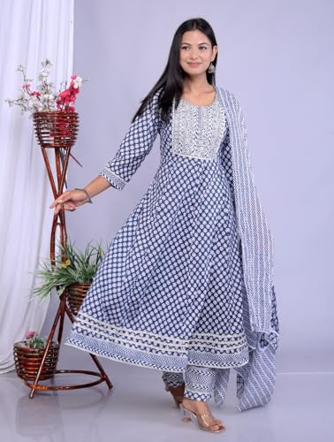 Image of Queens World Women's Anarkali Pure Cotton Floral Printed Kurta Pant Set With Dupatta (M To 2XL- Size)
