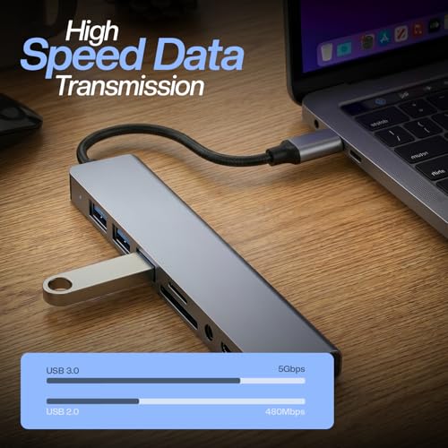 Image of UNIGEN 8-in-1 Multiport USB Hub with Dual USB-C & A Connector | 5Gbps High-Speed Transfer | USB 3.0 & 2.0 Ports | SD /TF Card Reader | 3.5mm Audio Jack | Compatible with Laptop, MacBook, PC & Tablet