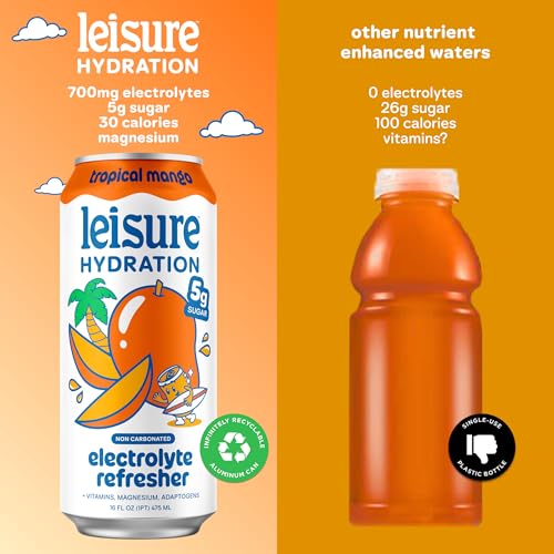 Image of Leisure Hydration Non-Carbonated Electrolyte Refresher, Tropical Mango Flavor - Low Sugar Nutrient Enhanced Water Beverage - Get The Best Hydration Packed w / Magnesium & Ashwagandha For Mood & Stress Support, Non-GMO, 16 oz (12-Cans)