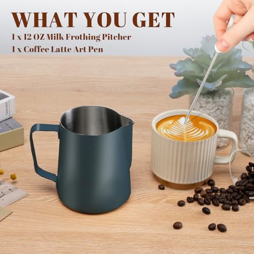 Image of Amrules Milk Frothing Pitcher 12oz Frother Cup Barista Tools, Blue
