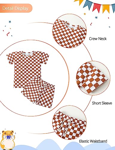 Frloony Toddler Baby Boy Clothes Kids Summer Outfits Checkerboard Plaids Short Sleeve T-Shirt Tops + Shorts 2Pcs Clothing Set (Coffee, 9-12 Months) #TOP4