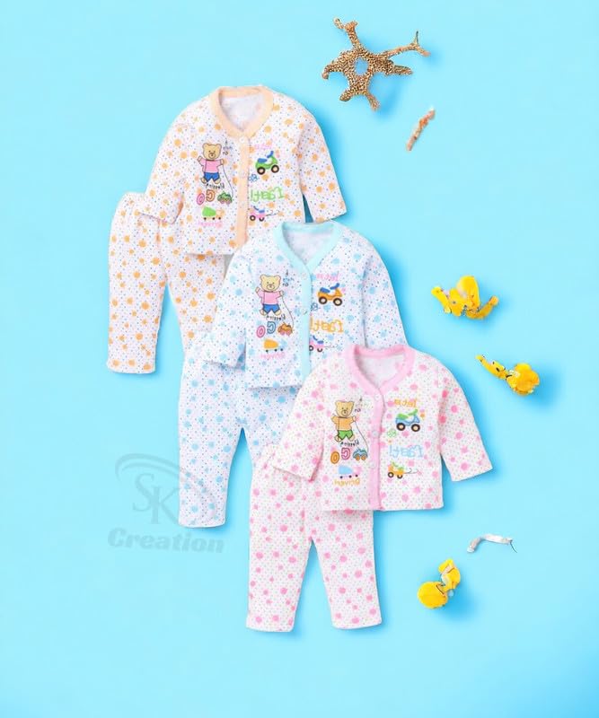 Image of Baby's 100% Cotton Shirt & Pyjama Pant Set | Full Sleeves Newborn, Infant & Toddler Dress | Ultra-Soft & Breathable Baby Night Suit | Set of 3