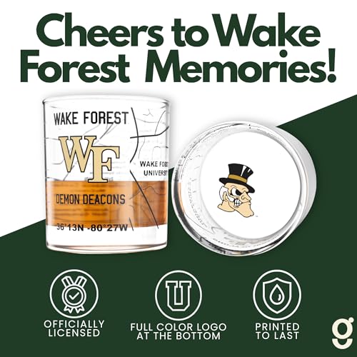 Image of Greenline Goods Wake Forest University Demon Deacons Whiskey Glasses Set of 2, 10 oz Rocks Glasses with Full-Color Logo & Campus Map - Officially Licensed Bourbon Glass Gift for Alumni & Fans