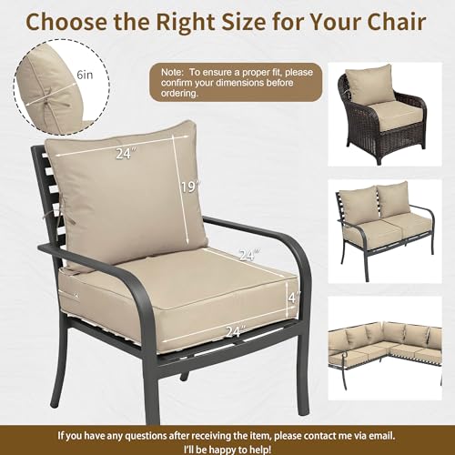 Image of 24x24 Outdoor Chair Cushions Set of 2, Waterproof Deep Seat Cushions for Patio Furniture with Removable Cover, Fade Resistant 4'' Outdoor Seat Cushion with Ties Handle for Wicker Sofa Couch,Khaki