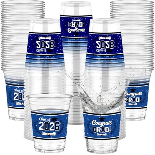 Rngmsi Graduation Decorations 2026 Cups - 50 Pcs Grad Disposable Plastic Cups for Class of 2026 Graduations, 12 OZ Tableware Centerpieces Decor, Graduation Party Favors for High School College(Blue)