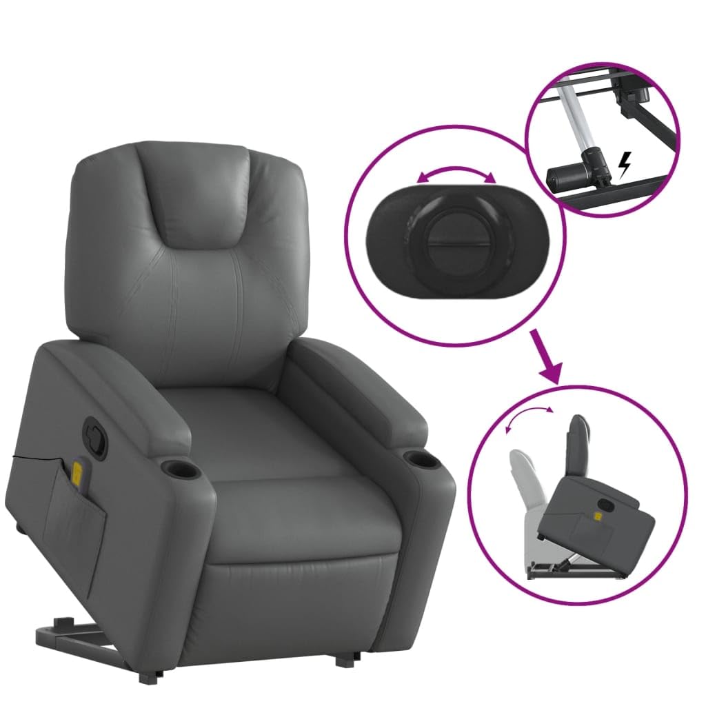 Sillón elevador reclinable con masaje por vibración, color gris piel sintética, función de elevación eléctrica y reclinación manual, 6 puntos de masaje, estructura estable