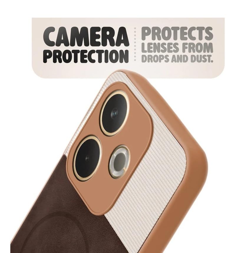 Image of Bintage CASE Mac Safe Design Hard Light Weight Back Case | Soft Border Camera Protect | Dual PU Leather Finish Back Cover Compatible for Mi Poco M6+ 5G - White & Cherry Brown