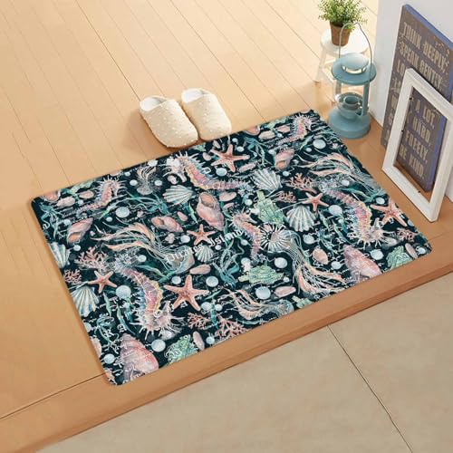 Nautical Antifatigue Kitchen Bath Door Mat Cushioned Runner Rug,Washable Welcome Floor Sink Mat,Waterproof & Non-Slip Standing Doormat for Kitchen,Retro Coastal Starfish Seaweed Shells Summer 20