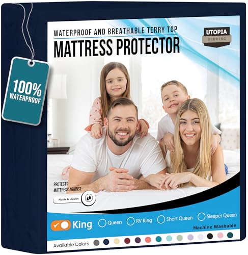Utopia Bedding Waterproof Mattress Protector King Size, Premium Terry Mattress Cover 200 GSM, Breathable, Fitted Style with Stretchable Pockets (Navy Blue)