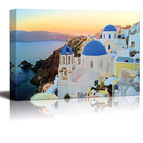 Canvas Prints Wall Art - Sunset View of The Blue Dome Churches of Santorini, Greece | Modern Wall Decor/Home Art Stretched Gallery Wraps Giclee Print & Wood Framed. Ready to Hang - 16