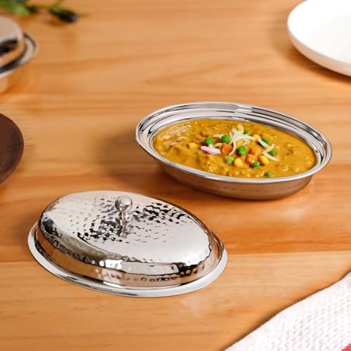 Image of Nestasia Stainless Steel Serving Bowl with Lid (350ml) - Hammered Oval Steel Curry Dish with Glossy Finish | Rust, Stain & Scratch Resistant Entree Dish for Serving Dal, Curry, Sabji, Gravy