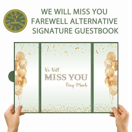 Image of DARUNAXY Green Gold Farewell Party Decorations for Women, We Will Miss You Very Much Alternative Signature Guest Book Girls Going Away Gifts Signing Card Board for Retirement Graduation Party Supplies