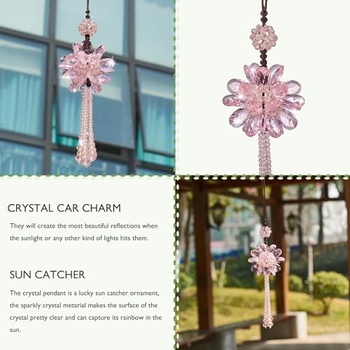 Image of Crystal Flower Ball Car Pendant Lucky Car Mirror Hanging Ornament Crystal Suncatcher Hanging Charm Auto Interior Decoration, Pink