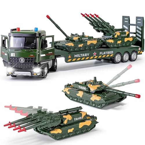 HAPYAD Green Military Big Truck Set Metal Cab, Semi Truck with Trailer, Tank, Missile Tank, Die-cast Army Vehicles Toys with Lights & Sounds, Ideal Gift for 3 4 5 6 7 Years Old Boys Kids Toddlers