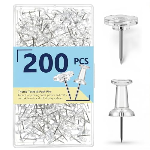200Pcs Push Pins Thumb Tacks: Push Pin for Bulletin Board Cork Board - Clear Plastic Head & Steel Point Reusable Box - Flat Thumbtacks for Wall Map Posters Picture Hanging Home Office School