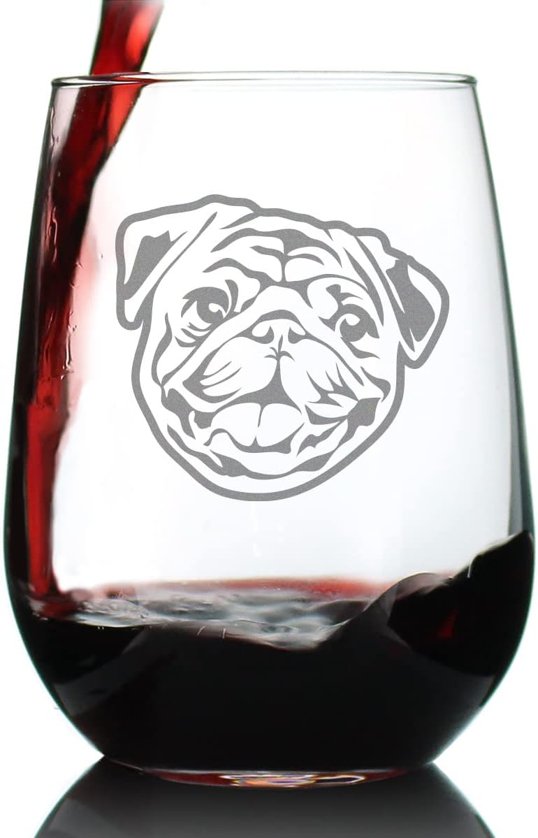 Bevvee Happy Pug Stemless Wine Glass - Cute Dog Themed Decor and Gifts for Moms & Dads of Pugs - Large 17 Oz Glasses