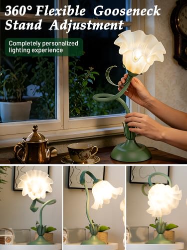 Image of Bedside Table Lamp for Bedroom, Vintage Flower Table Lamps, LED Reading Light 3 Color Modes Bedside Lamps, Nightstand Lamp Kawaii Desk Lamps for Bedroom Living Room Home Decoration(Green lamp)