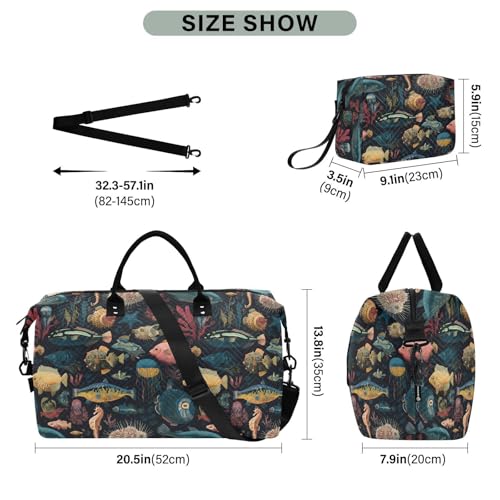 Fish Coral Reef Seahorse Large Travel Duffle Bag Weekender Overnight Bags Gym Yoga Bag for Women Men with Toiletry Bag3