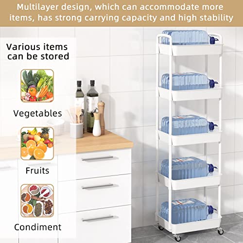 Jiuyotree 5-Tier Rolling Storage Cart Utility Cart With Lockable Wheels For Living Room Bathroom Kitchen Office White #TOP5