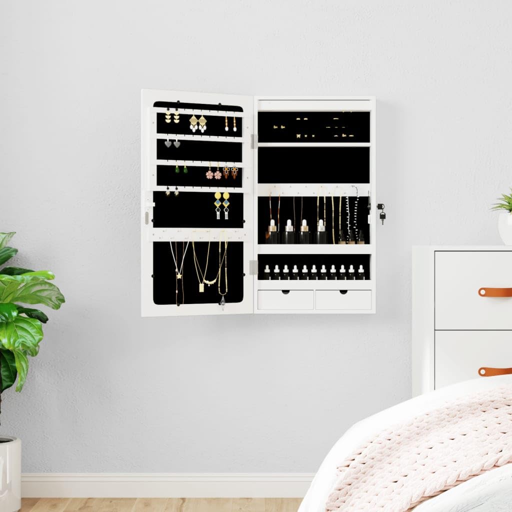 Generico Armario joyero con espejo con luces LED de pared, blanco, para casa y jardín, decoración (6,99 kg)