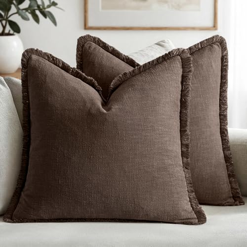 Image of MIULEE Decorative Throw Pillow Covers Neutral Linen Fringe Throw Pillows Set of 2 Reddish Brown Boho Farmhouse Cushion Covers with Tassels for Couch Sofa Bed Living Room Fall Decor 18x18 Inch