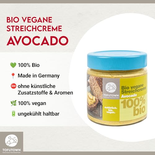TofuTown - Bio Veganer Brotaufstrich Streichcreme Avocado – 6x180g Vorratspack, 100% Bio, Veganer Aufstrich, Ohne Künstliche Zusatzstoffe, Ungekühlt haltbar, Veggie & Vegan Snacks