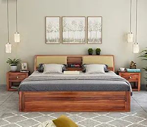 MJ FURNITURE Solid Sheesham Wood Wooden King Size Bed with Box Storage - A Stylish and Functional Addition to Your Bedroom (Honey Finish)