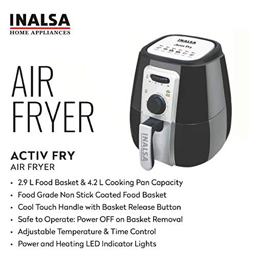 Image of Inalsa Air Fryer ACTIV FRY-1400W with 4.2L Cooking Pan Capacity, Timer Selection and Fully Adjustable Temperature Control, (Black /Grey)