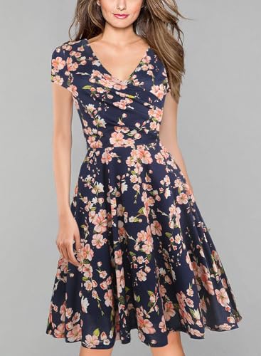 oxiuly Women's V-Neck Cap Sleeve Floral Casual Work Stretchy Swing Dress OX233 (XL, Navy Blue Floral)