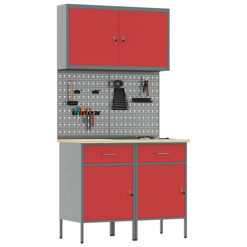Banco da lavoro con cassetti e 2 armadi, rosso, in legno e acciaio, 100 x 55 x 200 cm, carrello da officina con parete forata e armadietto per attrezzi, salvaspazio, per garage e cantina