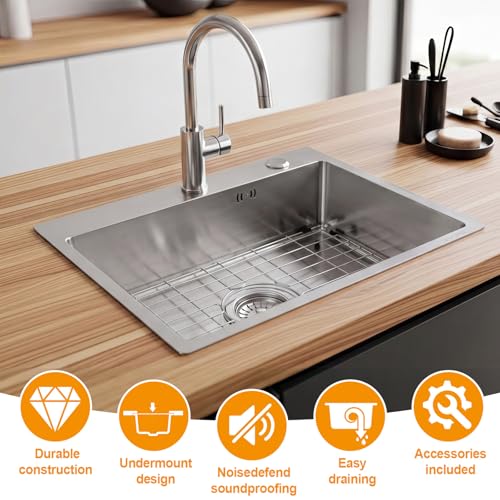 Image of Geetery 20 x 16 Inch Drop in Bar Sink, 9 inch Deep Single Bowl 304 Stainless Steel Top Mount Small Kitchen Sink Set with Grid Drain Strainer P-trap Drain Kit for Kitchen Island Prep Bar Rv Laundry Room