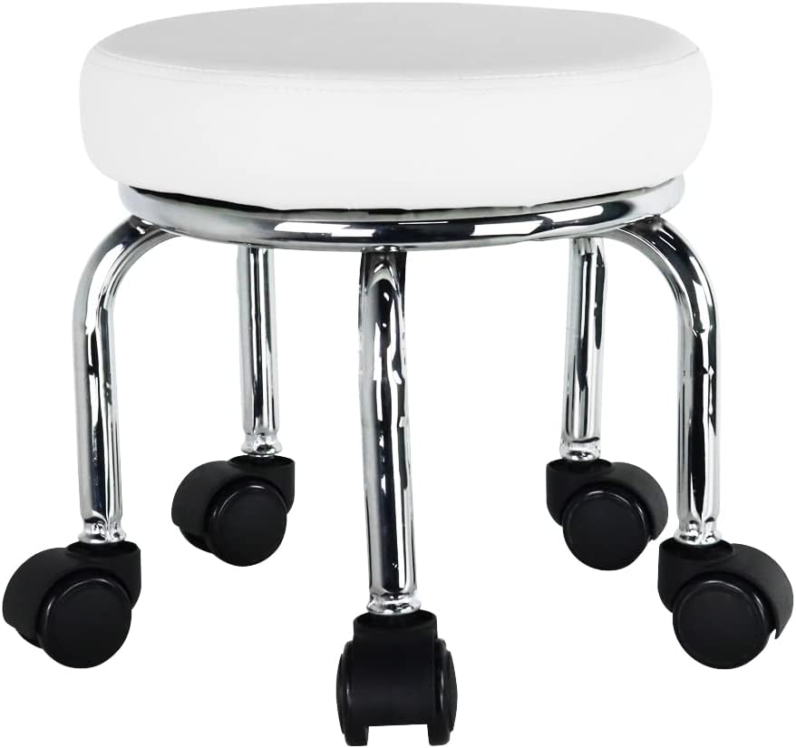 WKWKER Modern Roller Seat PU Leather Low Round Rolling Stool 360° Swivel Small Low Seat with Universal Caster Wheels Foot Stool for Home Office Garage Shop Fitness Sport H：12.4" （White）