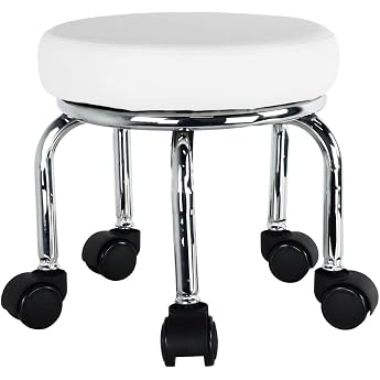 WKWKER Small Rolling Stool PU Leather Rolling Seat 360  Rotatable Low Round Stool with Universal Wheels for Home Massage Garden Office Garage Shop Fitness Sports Height 31.5 cm White
