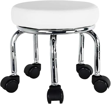 WKWKER Modern Roller Seat PU Leather Low Round Rolling Stool 360 Swivel Small Low Seat with Universal Caster Wheels Foot Stool for Home Office Garage Shop Fitness Sport H12.4" White