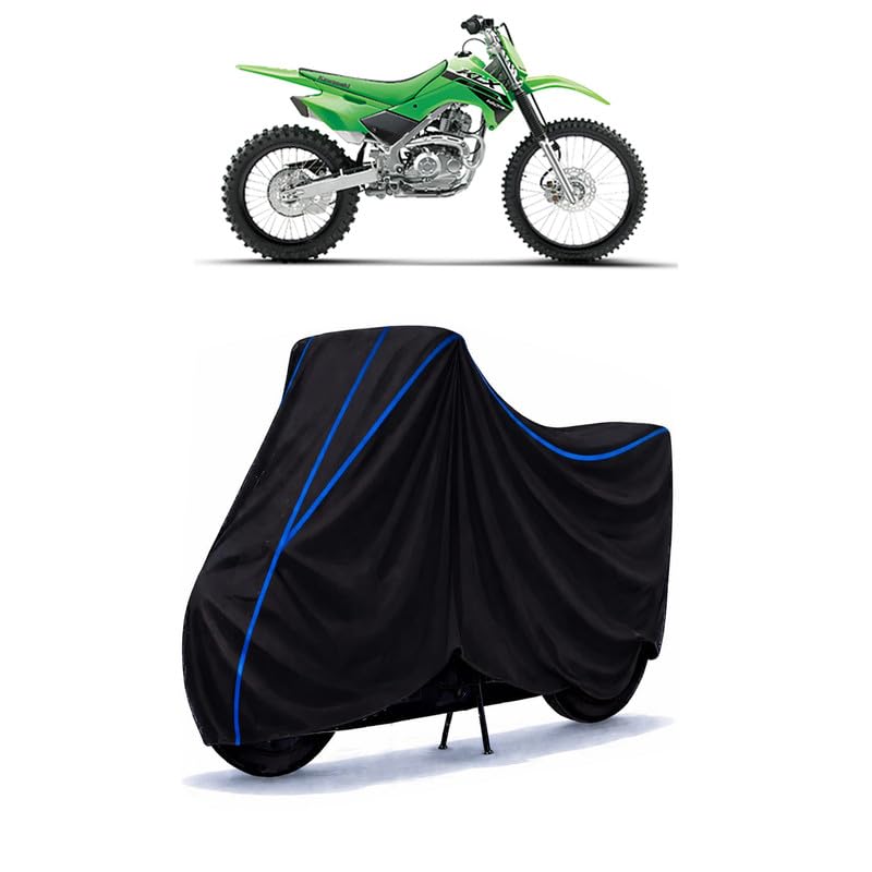 Image of KLX230RS Bike Cover Water Resistant Universal Motorcycle Rain | Heavy Duty UV Protection, Dust, Scratch Indoor Outdoor All Weather with Black Blue Piping Elastic