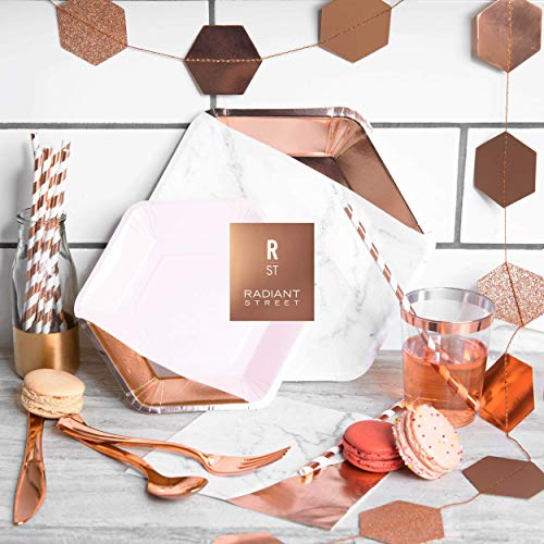 Rose Gold Party Supplies - One of a Kind Party in a Box for 10 Guests - Chic 122 Piece Kit Includes Placemats, Paper Plates, Straws, Napkins, Plastic Cups, Silverware, Name Cards, Decorations & More - Thumbnail 6