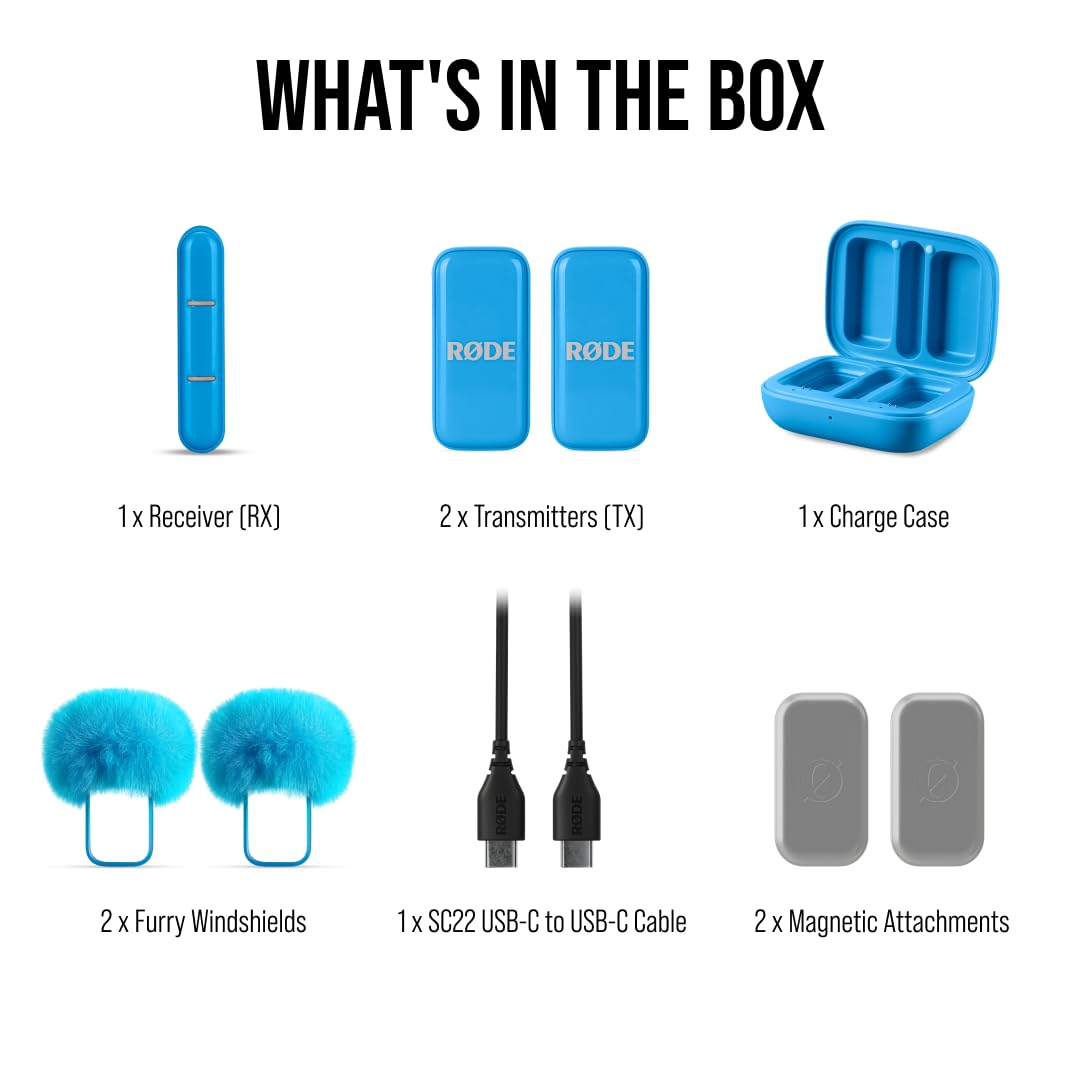 RØDE Wireless Micro - Microfono wireless compatto, due microfoni con custodia di ricarica per la creazione di contenuti su smartphone - USB-C, Blu
