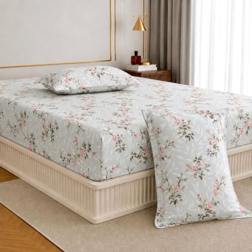 Image of Jaipur Weaves King Size Elastic Fitted Bedsheet, 100% Pure Cotton King Size Fitted Bedsheet for Double Bed with 2 Pillow Covers, 240 TC, 72x78 Inches up to 8-inch Mattress, Floral (Spring Tulips Grey)