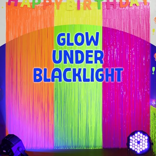 Mega-L Glow in The Dark Party Supplies, 3 Pack Neon Party Decorations 9.9 x 6.6 ft Fluorescent Tinsel Foil Fringe Curtains, Neon Backdrop Streamer for 80s Party, Birthday, Weeding, Carnivals, Raves - Thumbnail 3